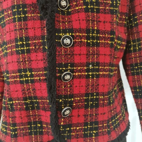 Michael B Ltd Womens Red Black Petite Plaid Button Up Acrylic Blazer Jacket 10 - Picture 5 of 8
